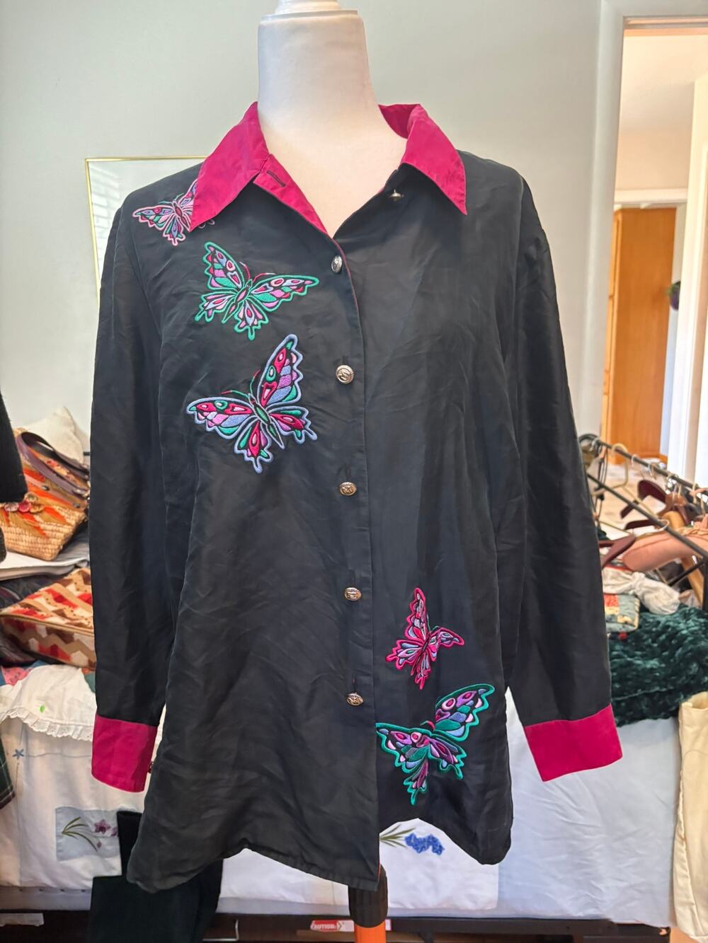 Vintage Bob Mackie Wearable Art Silk Butterfly Embroidered Blouse Jacket L